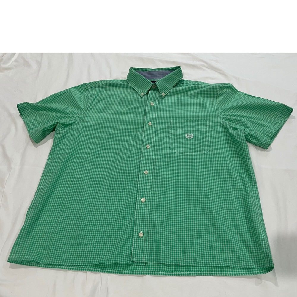 Chaps Mens Green Gingham Short Sleeve Button Down Shirt Large Easy Care Pocket